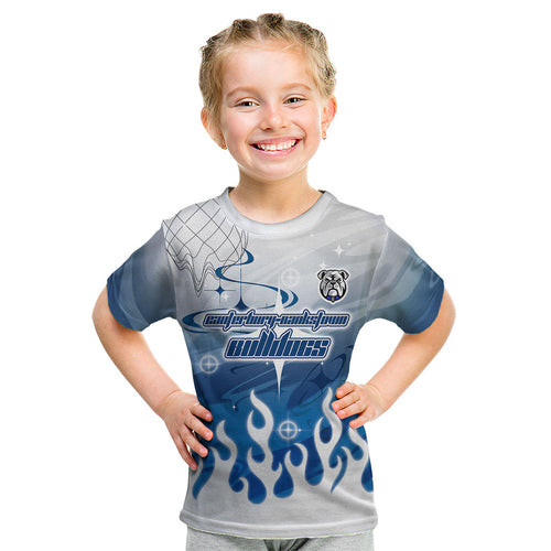 Personalized Canterbury Bankstown Bulldogs Kid T Shirt Y2K Grunge Aesthetic With Cyber Flames and Starburst Graphics