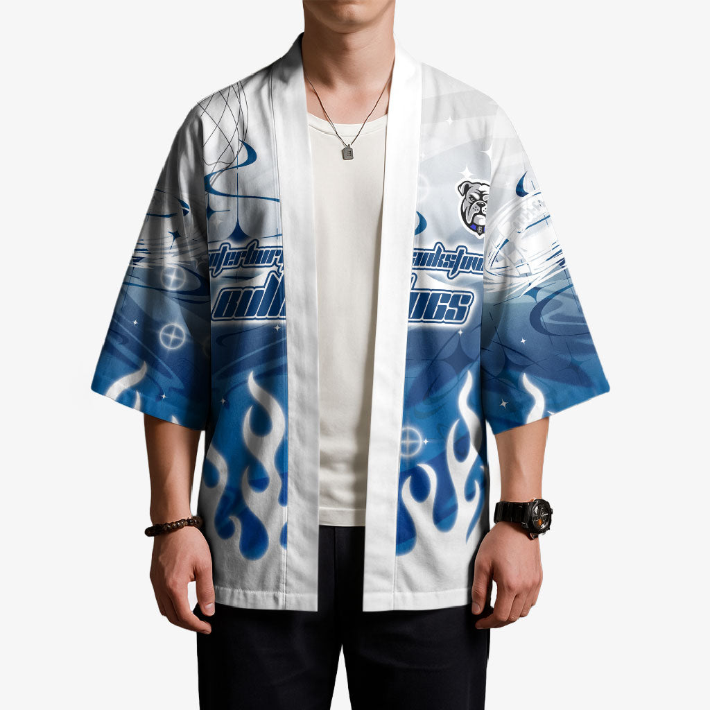 Personalized Canterbury Bankstown Bulldogs Kimono Y2K Grunge Aesthetic With Cyber Flames and Starburst Graphics