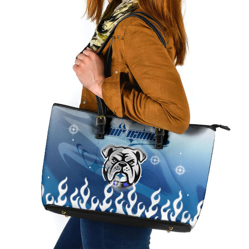 Personalized Canterbury Bankstown Bulldogs Leather Tote Bag Y2K Grunge Aesthetic With Cyber Flames and Starburst Graphics