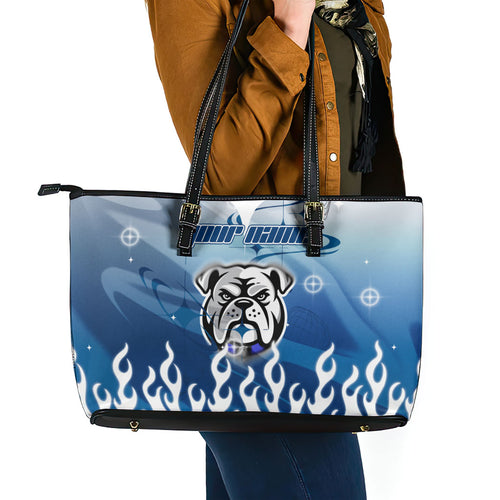 Personalized Canterbury Bankstown Bulldogs Leather Tote Bag Y2K Grunge Aesthetic With Cyber Flames and Starburst Graphics