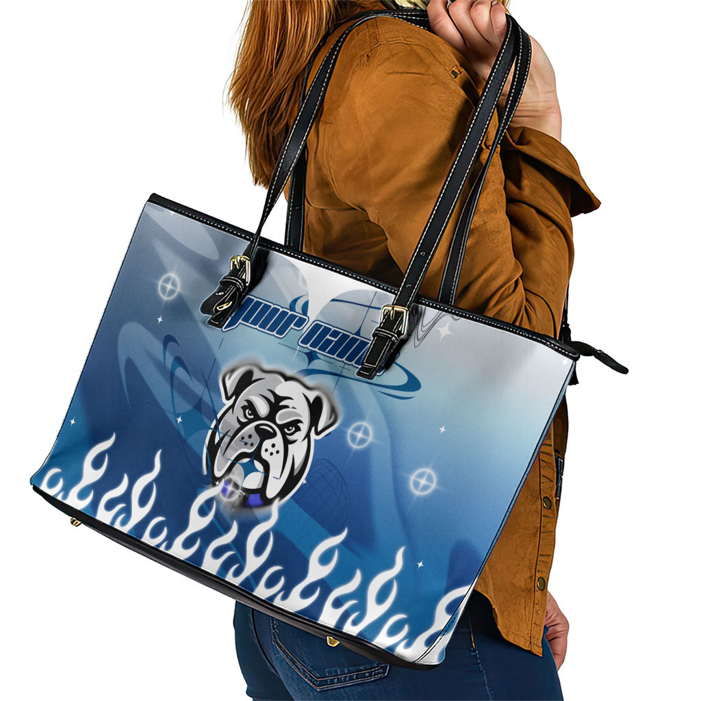 Personalized Canterbury Bankstown Bulldogs Leather Tote Bag Y2K Grunge Aesthetic With Cyber Flames and Starburst Graphics