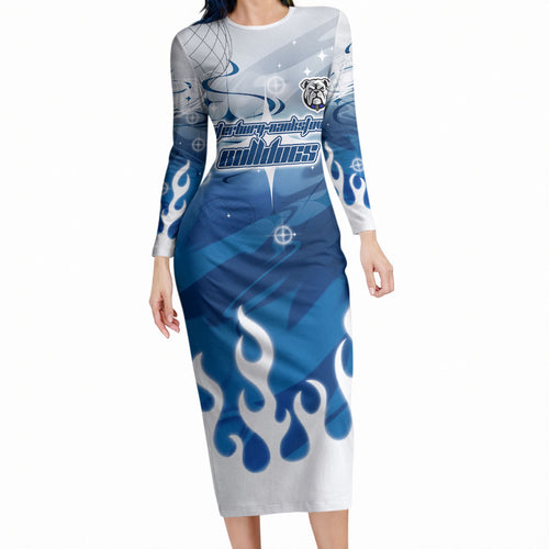 Personalized Canterbury Bankstown Bulldogs Long Sleeve Bodycon Dress Y2K Grunge Aesthetic With Cyber Flames and Starburst Graphics