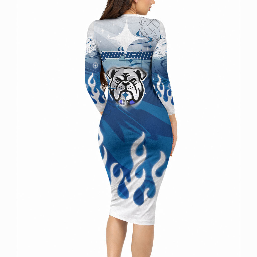 Personalized Canterbury Bankstown Bulldogs Long Sleeve Bodycon Dress Y2K Grunge Aesthetic With Cyber Flames and Starburst Graphics