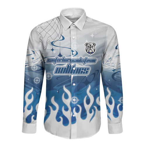 Personalized Canterbury Bankstown Bulldogs Long Sleeve Button Shirt Y2K Grunge Aesthetic With Cyber Flames and Starburst Graphics
