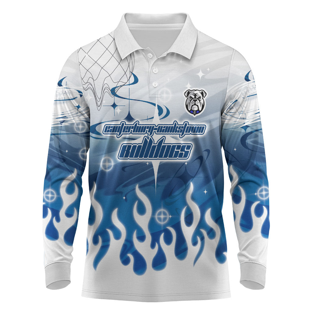 Personalized Canterbury Bankstown Bulldogs Long Sleeve Polo Shirt Y2K Grunge Aesthetic With Cyber Flames and Starburst Graphics