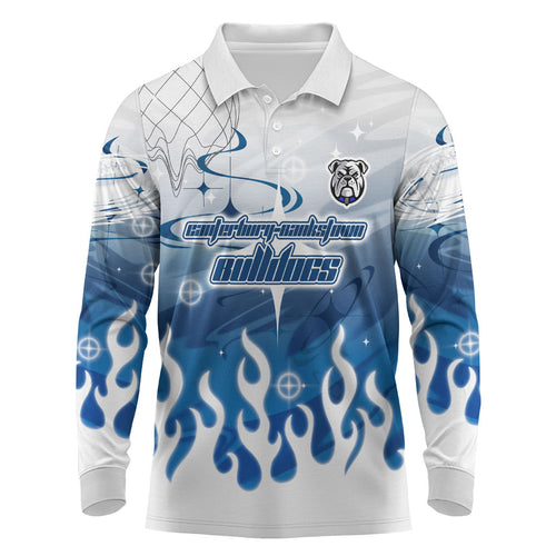 Personalized Canterbury Bankstown Bulldogs Long Sleeve Polo Shirt Y2K Grunge Aesthetic With Cyber Flames and Starburst Graphics