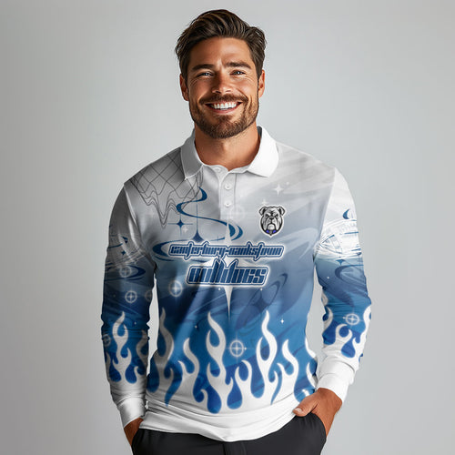 Personalized Canterbury Bankstown Bulldogs Long Sleeve Polo Shirt Y2K Grunge Aesthetic With Cyber Flames and Starburst Graphics
