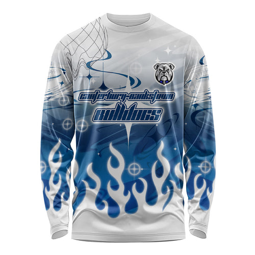 Personalized Canterbury Bankstown Bulldogs Long Sleeve Shirt Y2K Grunge Aesthetic With Cyber Flames and Starburst Graphics