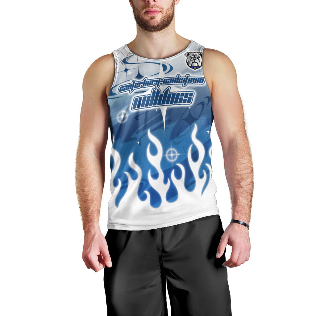 Personalized Canterbury Bankstown Bulldogs Men Tank Top Y2K Grunge Aesthetic With Cyber Flames and Starburst Graphics