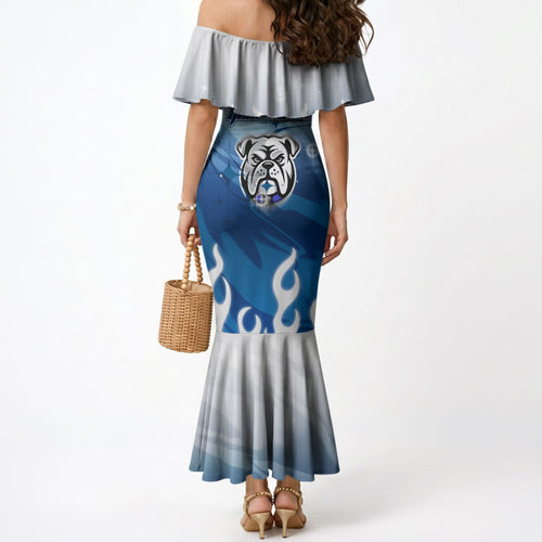 Personalized Canterbury Bankstown Bulldogs Mermaid Dress Y2K Grunge Aesthetic With Cyber Flames and Starburst Graphics
