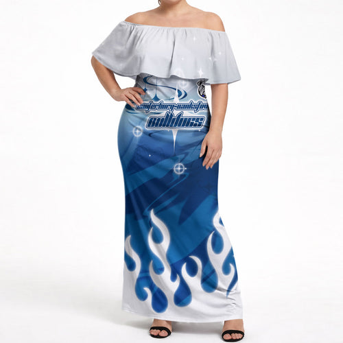 Personalized Canterbury Bankstown Bulldogs Off Shoulder Maxi Dress Y2K Grunge Aesthetic With Cyber Flames and Starburst Graphics