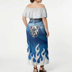 Personalized Canterbury Bankstown Bulldogs Off Shoulder Maxi Dress Y2K Grunge Aesthetic With Cyber Flames and Starburst Graphics