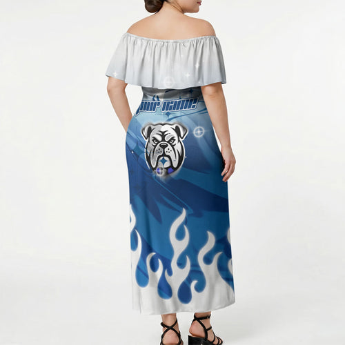 Personalized Canterbury Bankstown Bulldogs Off Shoulder Maxi Dress Y2K Grunge Aesthetic With Cyber Flames and Starburst Graphics