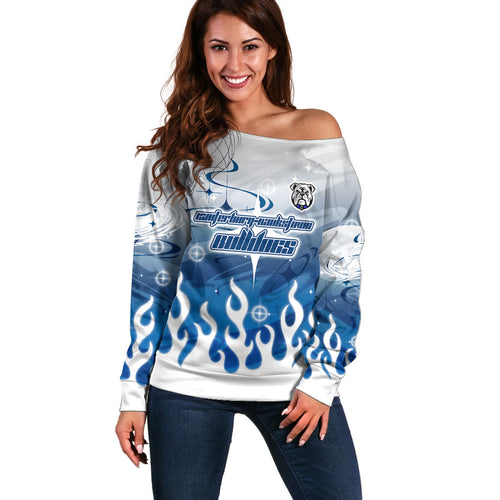 Personalized Canterbury Bankstown Bulldogs Off Shoulder Sweater Y2K Grunge Aesthetic With Cyber Flames and Starburst Graphics