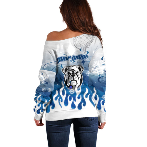 Personalized Canterbury Bankstown Bulldogs Off Shoulder Sweater Y2K Grunge Aesthetic With Cyber Flames and Starburst Graphics