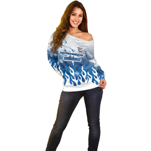Personalized Canterbury Bankstown Bulldogs Off Shoulder Sweater Y2K Grunge Aesthetic With Cyber Flames and Starburst Graphics