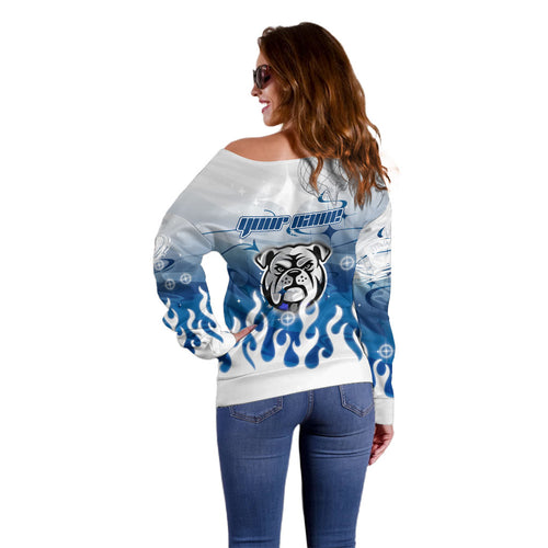 Personalized Canterbury Bankstown Bulldogs Off Shoulder Sweater Y2K Grunge Aesthetic With Cyber Flames and Starburst Graphics