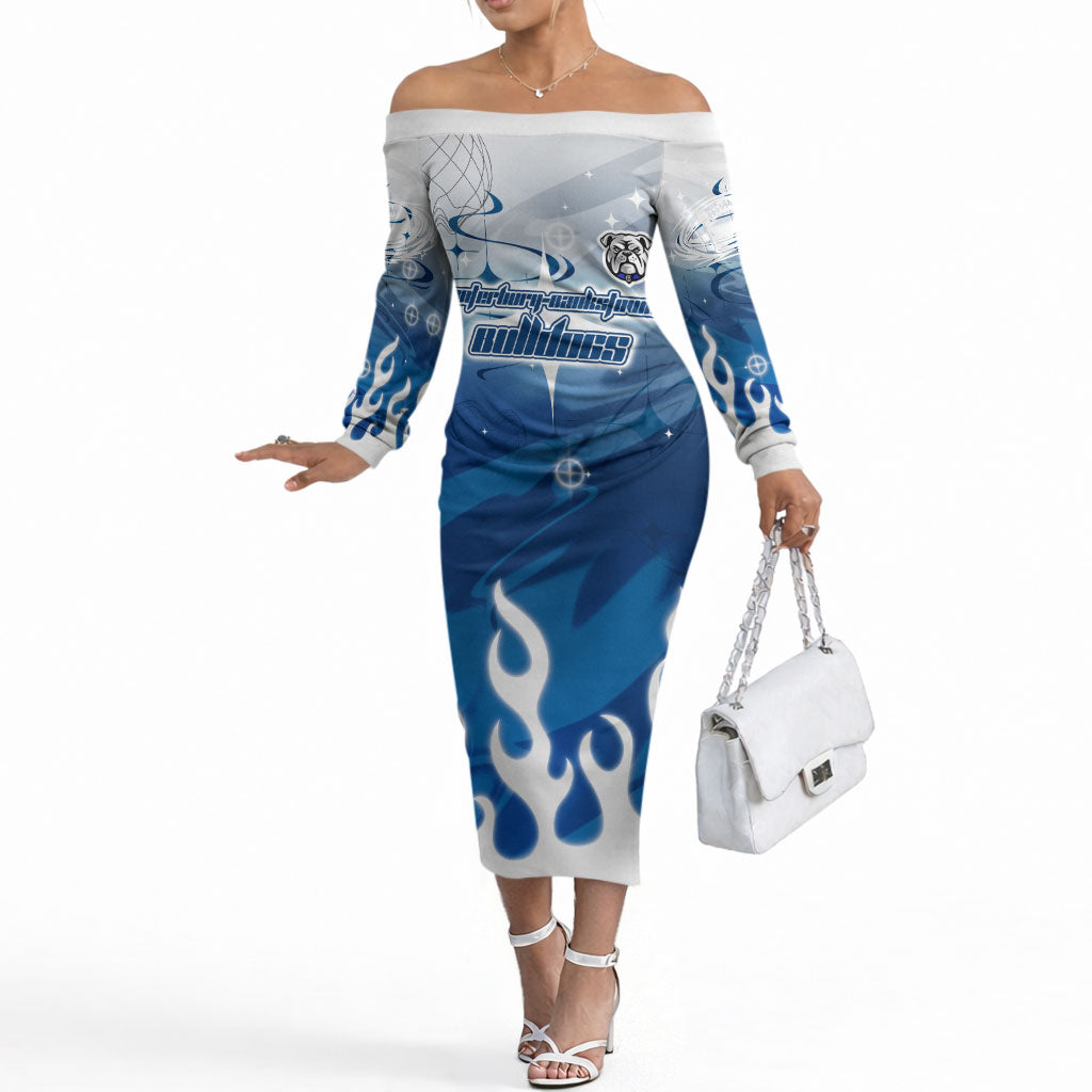 Personalized Canterbury Bankstown Bulldogs Off The Shoulder Long Sleeve Dress Y2K Grunge Aesthetic With Cyber Flames and Starburst Graphics