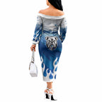 Personalized Canterbury Bankstown Bulldogs Off The Shoulder Long Sleeve Dress Y2K Grunge Aesthetic With Cyber Flames and Starburst Graphics