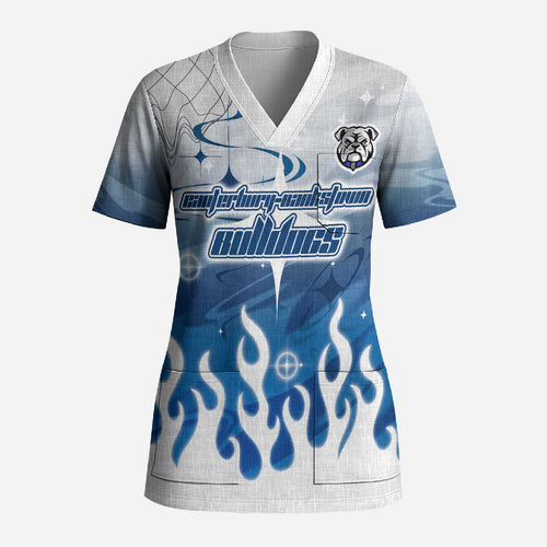 Personalized Canterbury Bankstown Bulldogs Scrub Top Y2K Grunge Aesthetic With Cyber Flames and Starburst Graphics