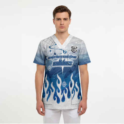 Personalized Canterbury Bankstown Bulldogs Scrub Top Y2K Grunge Aesthetic With Cyber Flames and Starburst Graphics