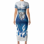 Personalized Canterbury Bankstown Bulldogs Short Sleeve Bodycon Dress Y2K Grunge Aesthetic With Cyber Flames and Starburst Graphics