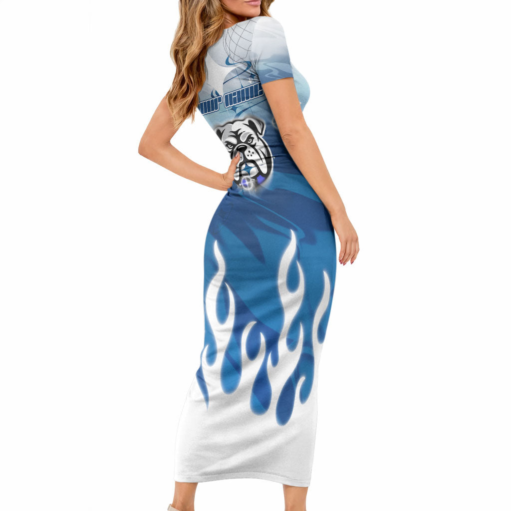 Personalized Canterbury Bankstown Bulldogs Short Sleeve Bodycon Dress Y2K Grunge Aesthetic With Cyber Flames and Starburst Graphics
