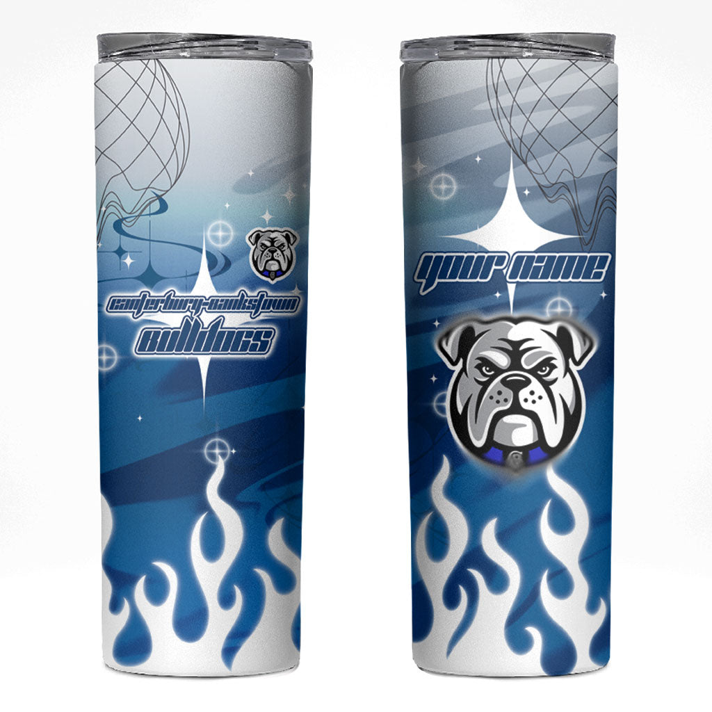 Personalized Canterbury Bankstown Bulldogs Skinny Tumbler Y2K Grunge Aesthetic With Cyber Flames and Starburst Graphics