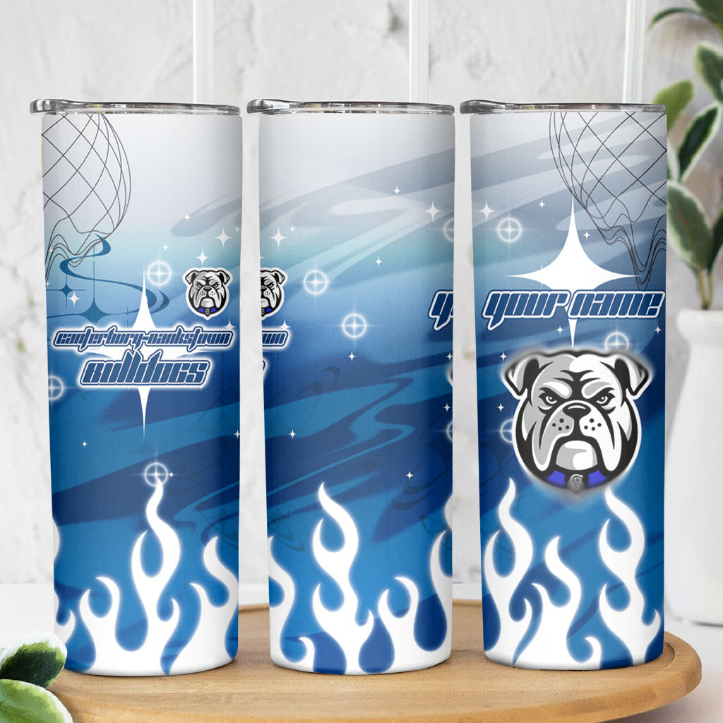 Personalized Canterbury Bankstown Bulldogs Skinny Tumbler Y2K Grunge Aesthetic With Cyber Flames and Starburst Graphics
