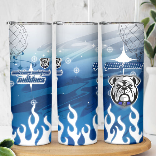 Personalized Canterbury Bankstown Bulldogs Skinny Tumbler Y2K Grunge Aesthetic With Cyber Flames and Starburst Graphics