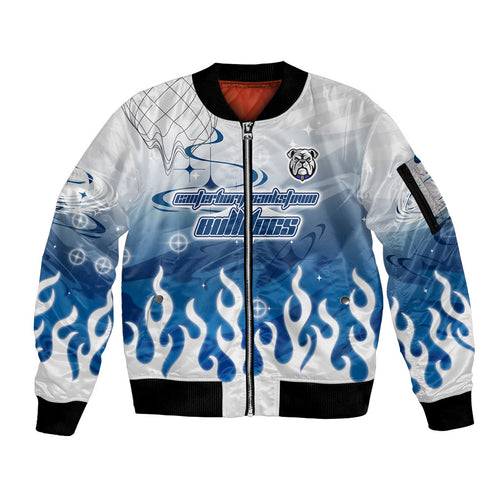 Personalized Canterbury Bankstown Bulldogs Sleeve Zip Bomber Jacket Y2K Grunge Aesthetic With Cyber Flames and Starburst Graphics