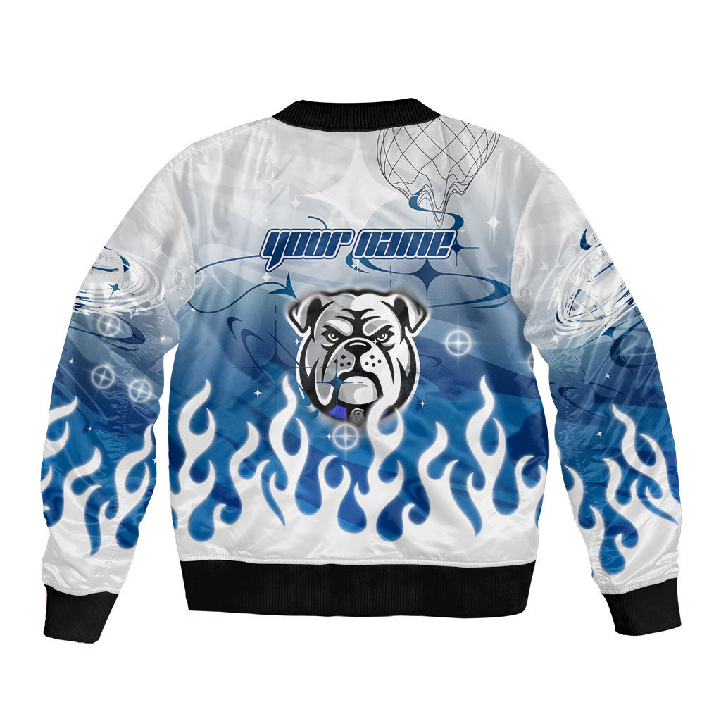 Personalized Canterbury Bankstown Bulldogs Sleeve Zip Bomber Jacket Y2K Grunge Aesthetic With Cyber Flames and Starburst Graphics
