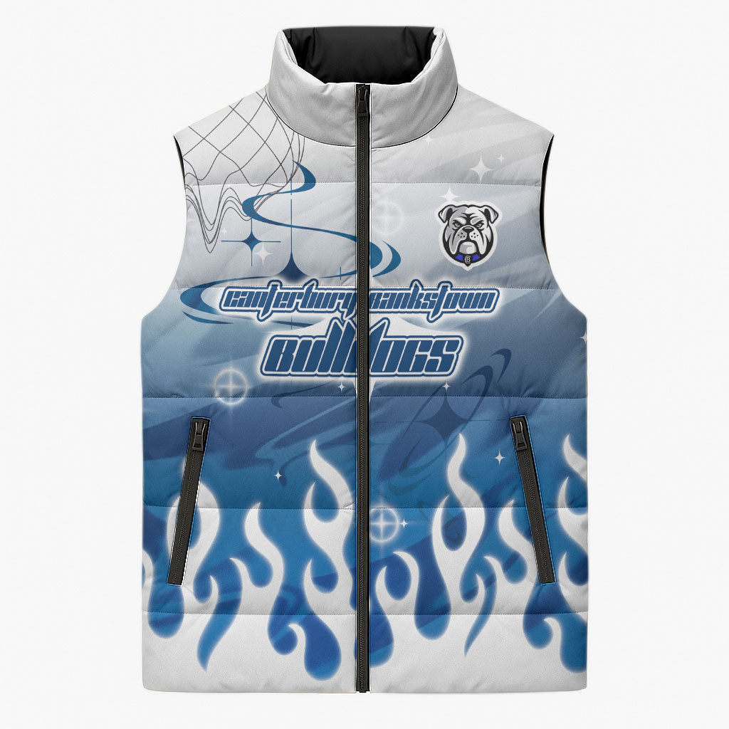 Personalized Canterbury Bankstown Bulldogs Sleeveless Puffer Jacket Y2K Grunge Aesthetic With Cyber Flames and Starburst Graphics