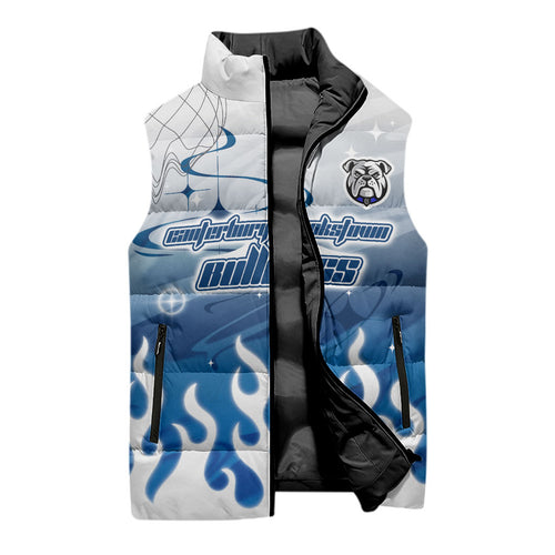 Personalized Canterbury Bankstown Bulldogs Sleeveless Puffer Jacket Y2K Grunge Aesthetic With Cyber Flames and Starburst Graphics