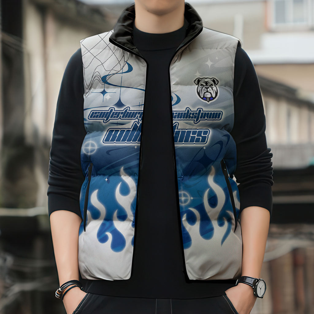 Personalized Canterbury Bankstown Bulldogs Sleeveless Puffer Jacket Y2K Grunge Aesthetic With Cyber Flames and Starburst Graphics