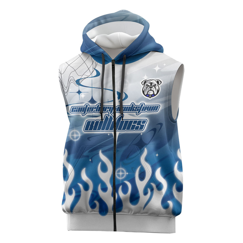 Personalized Canterbury Bankstown Bulldogs Sleeveless Zip Hoodie Y2K Grunge Aesthetic With Cyber Flames and Starburst Graphics