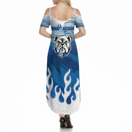 Personalized Canterbury Bankstown Bulldogs Summer Maxi Dress Y2K Grunge Aesthetic With Cyber Flames and Starburst Graphics