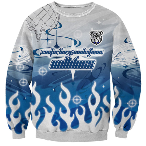 Personalized Canterbury Bankstown Bulldogs Sweatshirt Y2K Grunge Aesthetic With Cyber Flames and Starburst Graphics