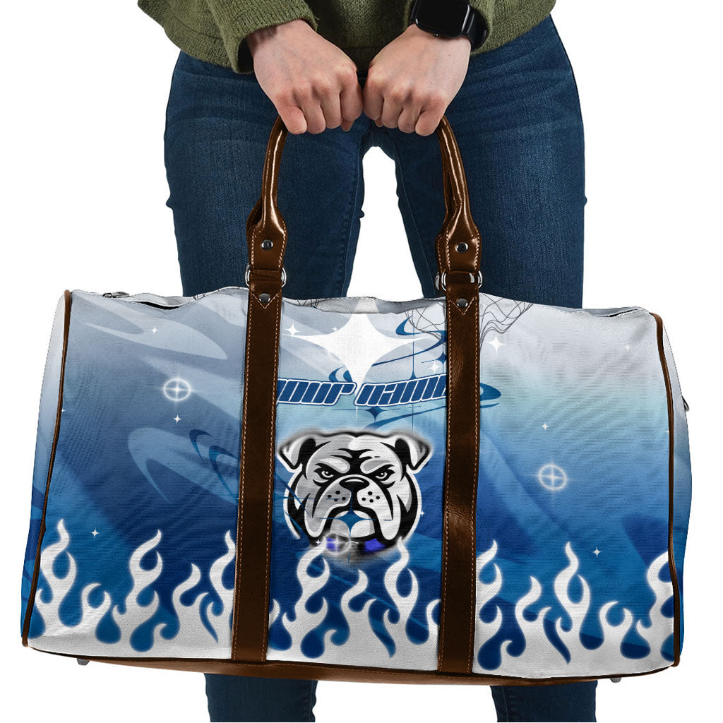 Personalized Canterbury Bankstown Bulldogs Travel Bag Y2K Grunge Aesthetic With Cyber Flames and Starburst Graphics