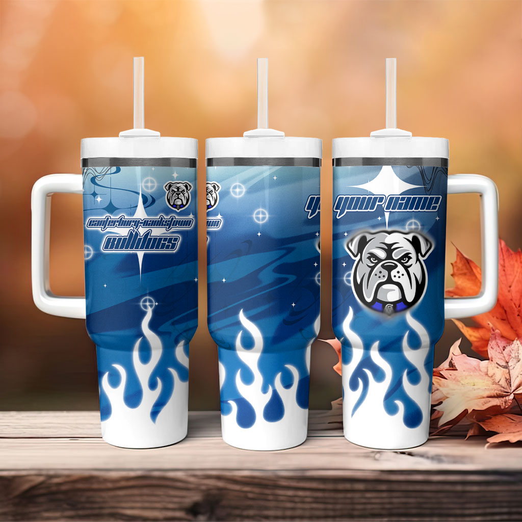Personalized Canterbury Bankstown Bulldogs Tumbler With Handle Y2K Grunge Aesthetic With Cyber Flames and Starburst Graphics