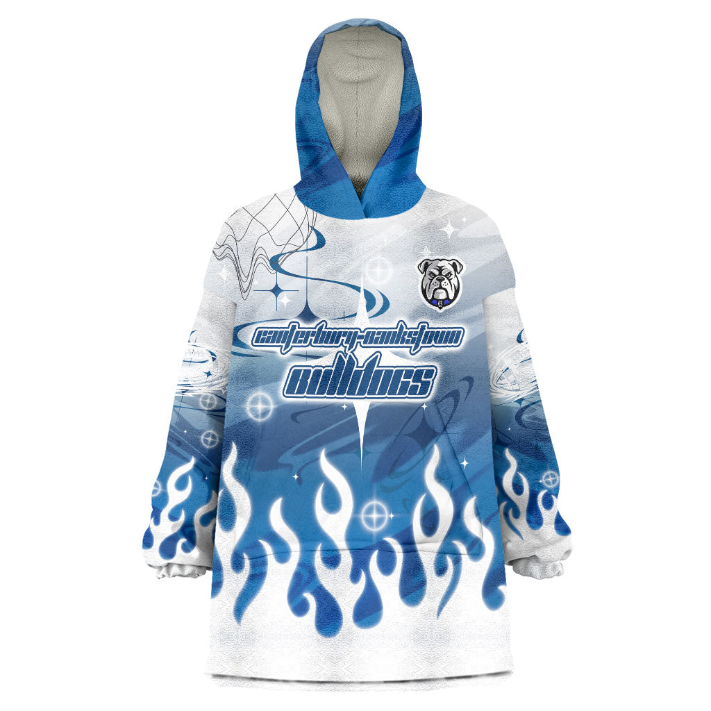 Personalized Canterbury Bankstown Bulldogs Wearable Blanket Hoodie Y2K Grunge Aesthetic With Cyber Flames and Starburst Graphics