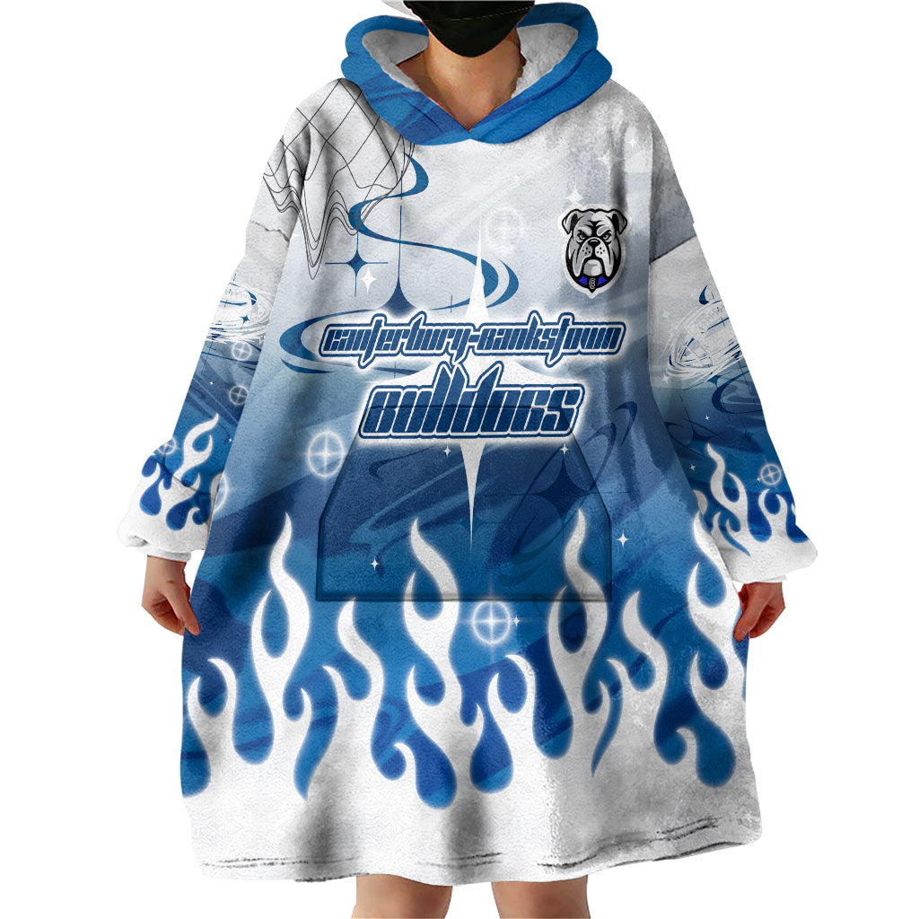 Personalized Canterbury Bankstown Bulldogs Wearable Blanket Hoodie Y2K Grunge Aesthetic With Cyber Flames and Starburst Graphics