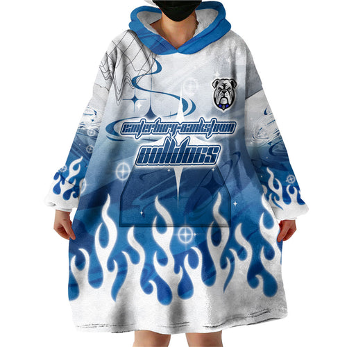 Personalized Canterbury Bankstown Bulldogs Wearable Blanket Hoodie Y2K Grunge Aesthetic With Cyber Flames and Starburst Graphics