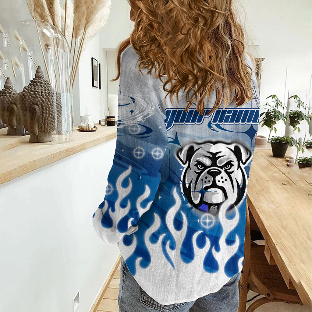 Personalized Canterbury Bankstown Bulldogs Women Casual Shirt Y2K Grunge Aesthetic With Cyber Flames and Starburst Graphics