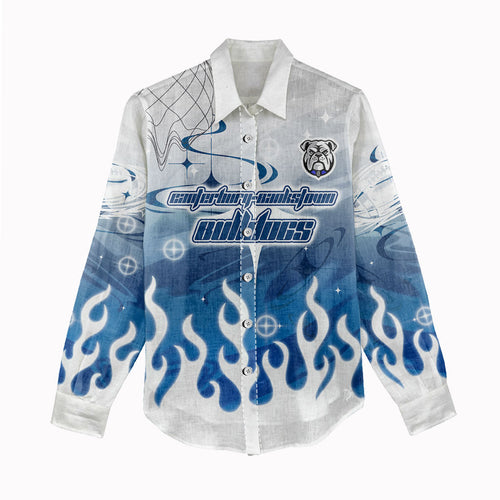 Personalized Canterbury Bankstown Bulldogs Women Casual Shirt Y2K Grunge Aesthetic With Cyber Flames and Starburst Graphics