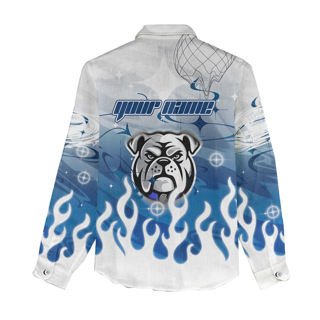 Personalized Canterbury Bankstown Bulldogs Women Casual Shirt Y2K Grunge Aesthetic With Cyber Flames and Starburst Graphics