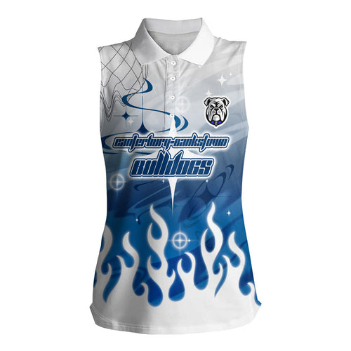 Personalized Canterbury Bankstown Bulldogs Women Sleeveless Polo Shirt Y2K Grunge Aesthetic With Cyber Flames and Starburst Graphics