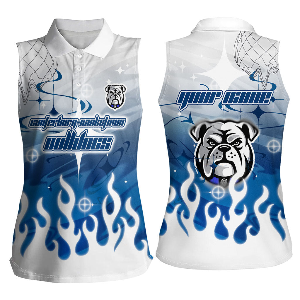 Personalized Canterbury Bankstown Bulldogs Women Sleeveless Polo Shirt Y2K Grunge Aesthetic With Cyber Flames and Starburst Graphics