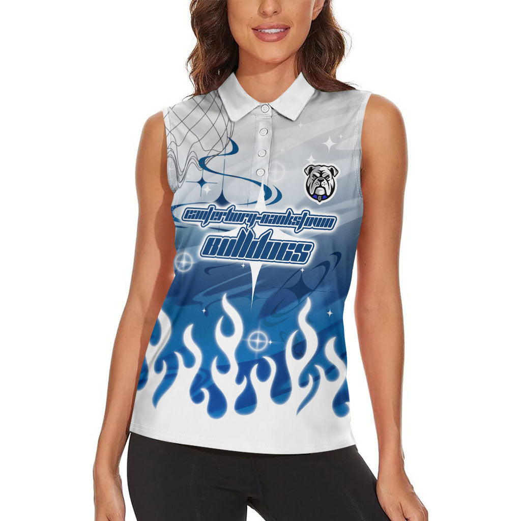 Personalized Canterbury Bankstown Bulldogs Women Sleeveless Polo Shirt Y2K Grunge Aesthetic With Cyber Flames and Starburst Graphics