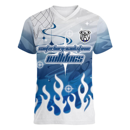 Personalized Canterbury Bankstown Bulldogs Women V-Neck T-Shirt Y2K Grunge Aesthetic With Cyber Flames and Starburst Graphics